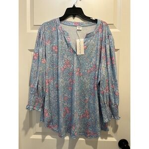 XIEERDUO Floral V Neck Blouse Blue Pink Smocked Cuff Long Sleeve Top 3XL NEW